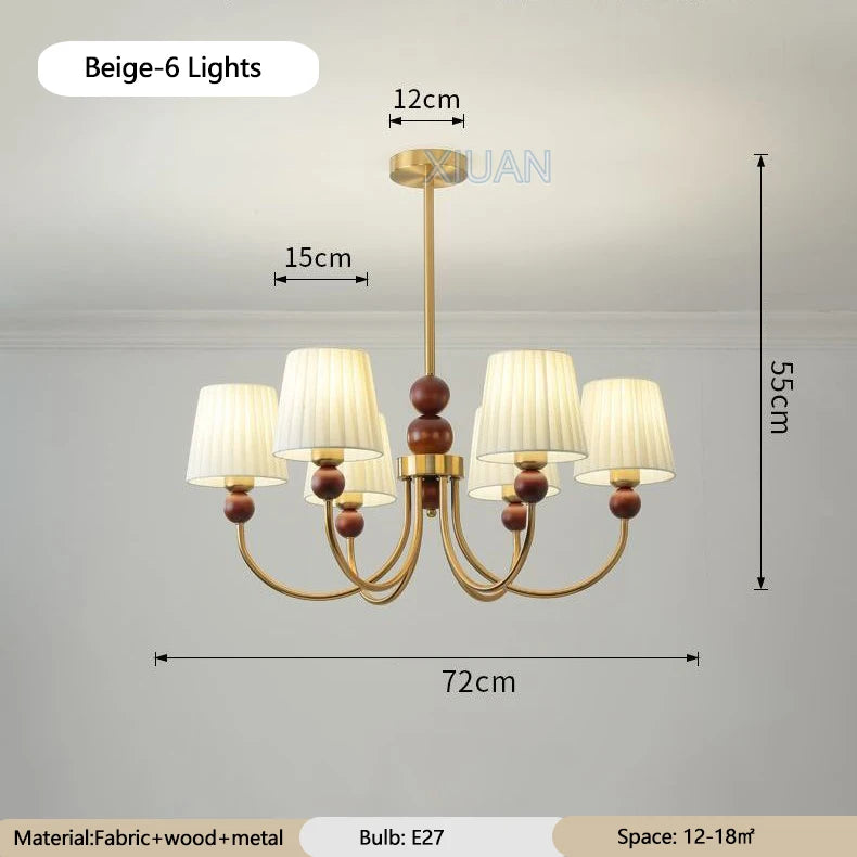 lustre led vintage américain en tissu plissé et bois wabi-sabi