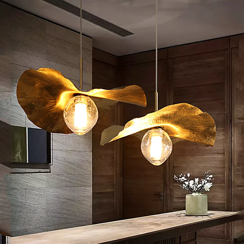 Suspension LED modernes en laiton feuille de Lotus pour Restaurant Table basse cuisine île lustre décor à la maison Lustres Luminaires