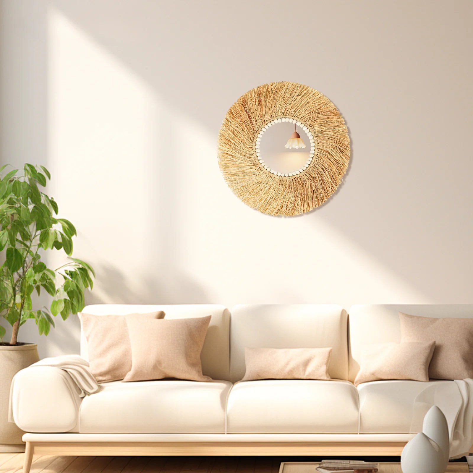 miroir décoratif en perles de bois fait main style bohème - vue 5 sur 7