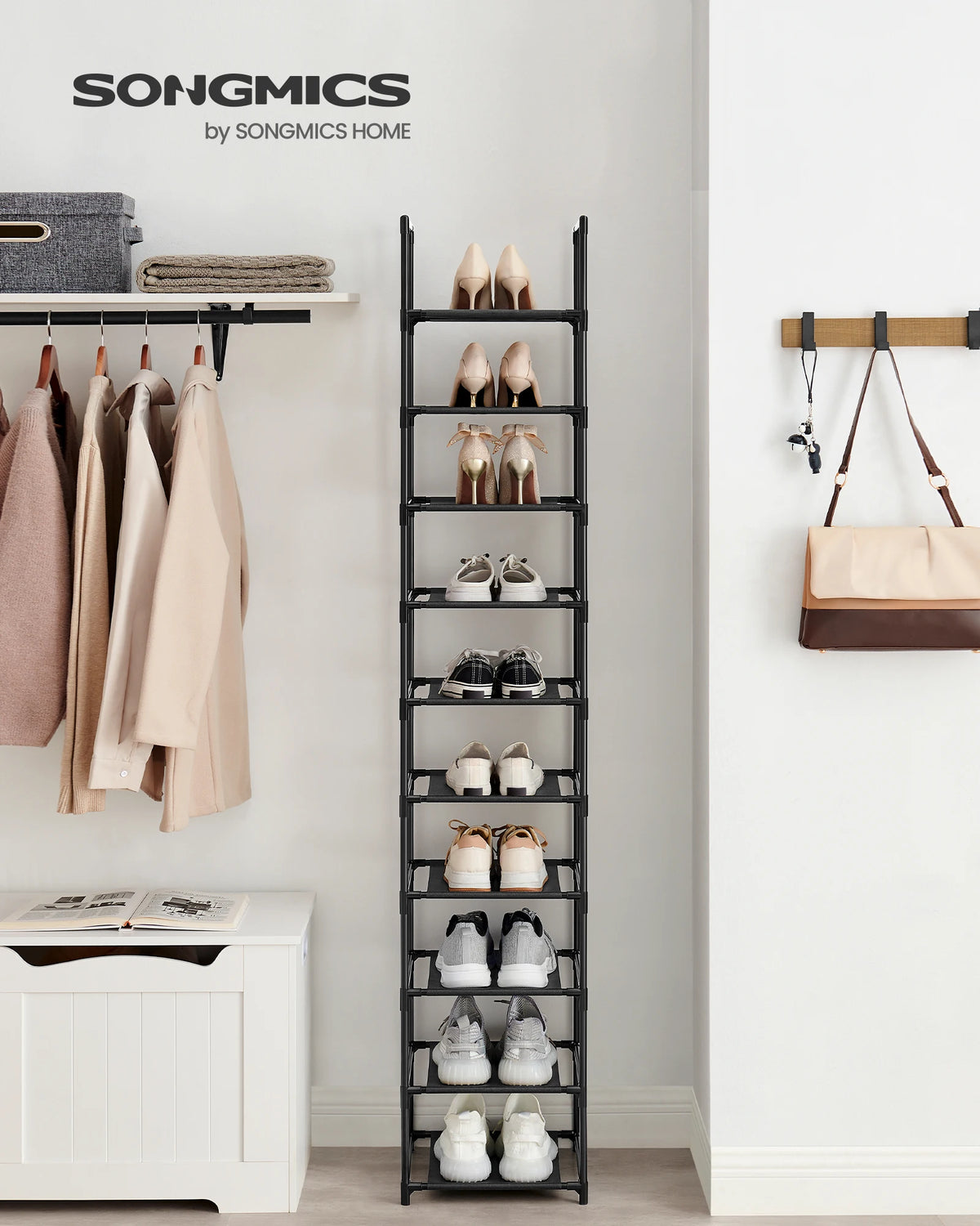 SONGMICS 10-Tier Shoe Rack, Shoe Stand, Space-Saving Shoe Storage, 33 x 33 x 173 cm, Metal Frame, Non-Woven Fabric Shelves