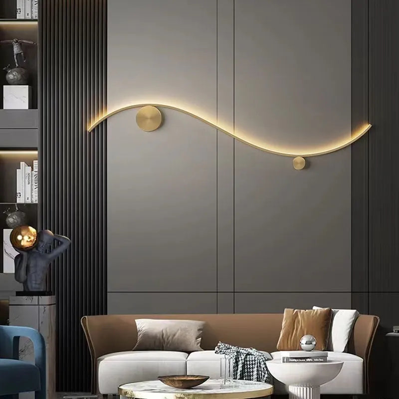 Moderne Wandleuchte Kupfer Gold Linie Dekor Wohnzimmer Treppenhaus Innenbeleuchtung Kronleuchter - vue 3 sur 14