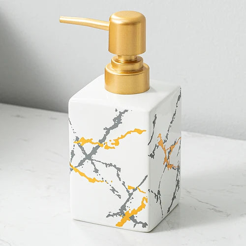 distributeur de savon en céramique avec pompe dorée pour salle de bain - vue 12 sur 17
