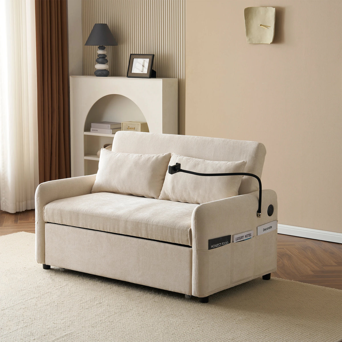 Modern double folding sofa bed, multi-functional with adjustable backrest, cell phone holder & USB charging station - vue 3 sur 6