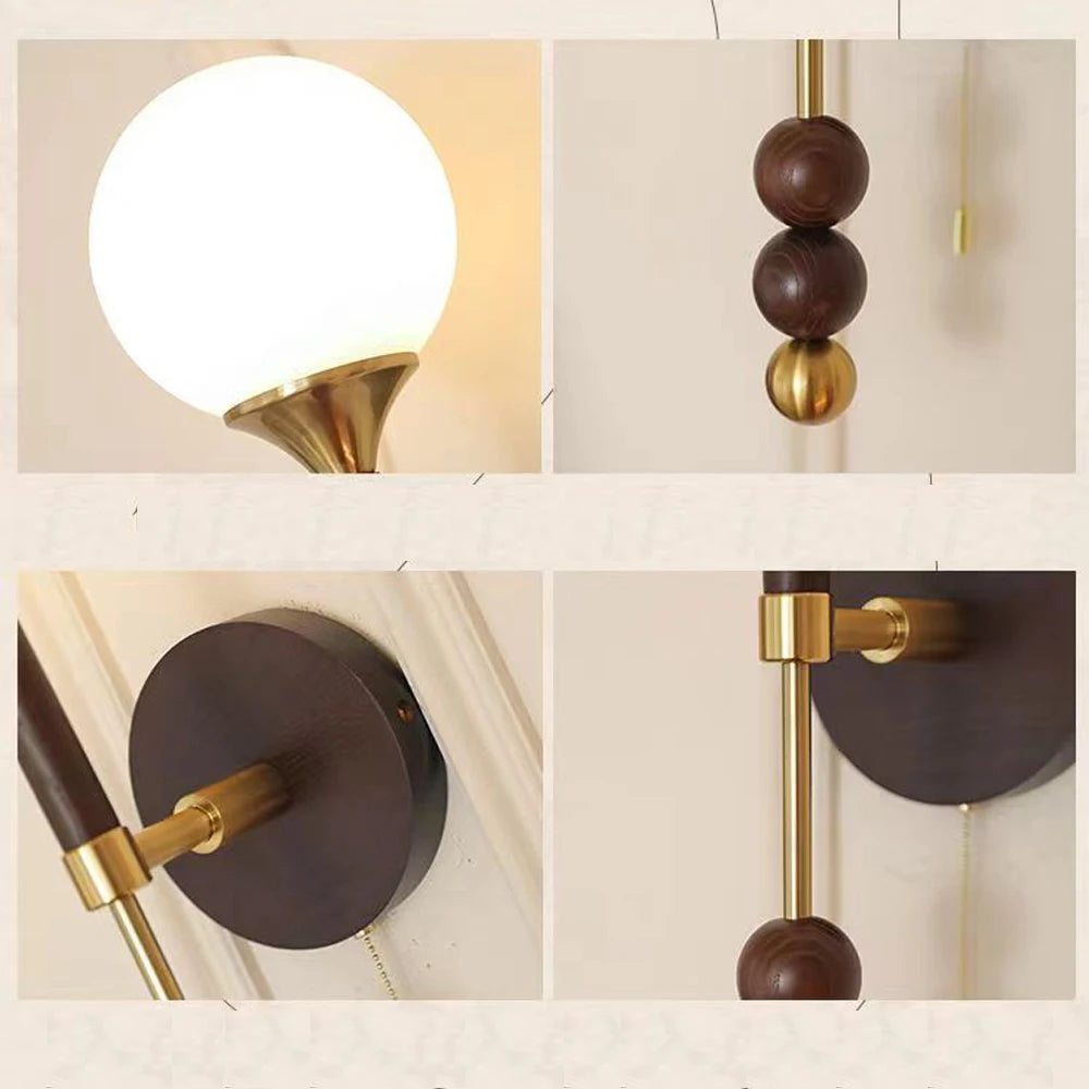 applique murale vintage en bois et verre avec interrupteur à câble - vue 6 sur 9