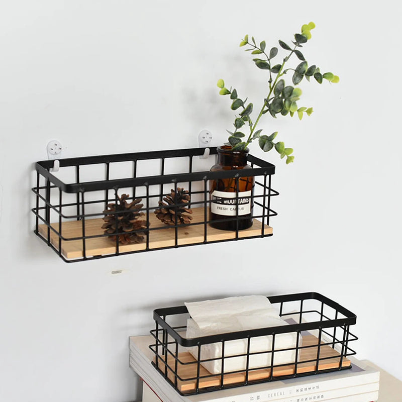 panier de rangement suspendu en métal et bois pour cosmétiques