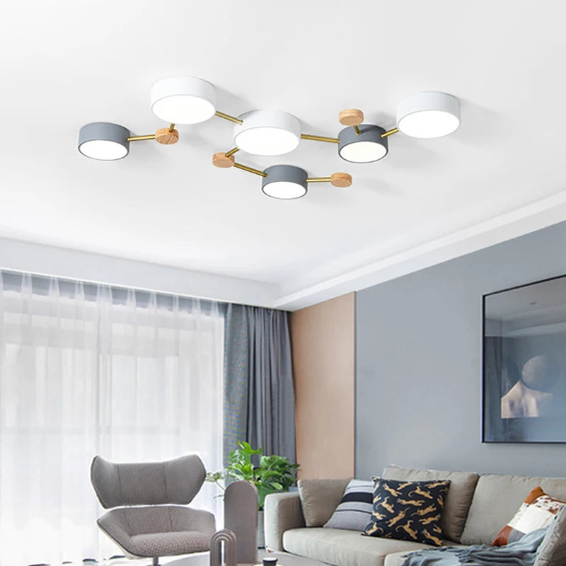 plafonnier nordique led bois macaron 3-8 têtes éclairage décoratif - vue 6 sur 10