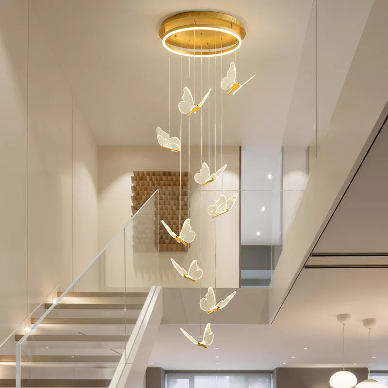 lustre d'escalier moderne acrylique forme de papillon Duplex salon salle à manger Art LED lustre d'escalier lustre en cristal