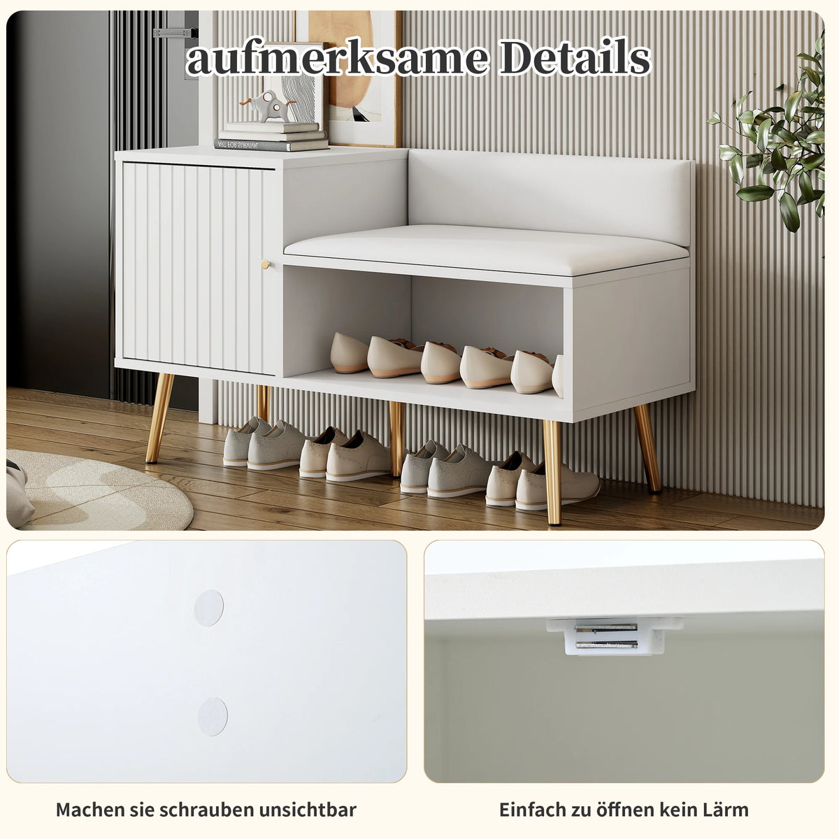 Modern luxury shoe chest in white with storage, upholstered bench and backrest shoe rack with metal handles and Meta
