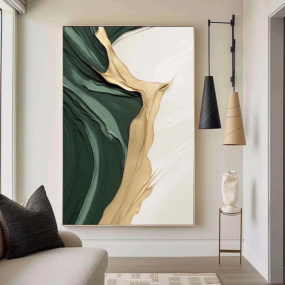 peinture abstraite minimaliste dorée et verte en relief décor mural