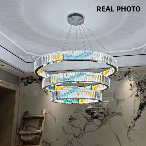 Moderner dimmbarer LED-Kronleuchter aus Stahl mit dekorativem Ring - vue 6 sur 14