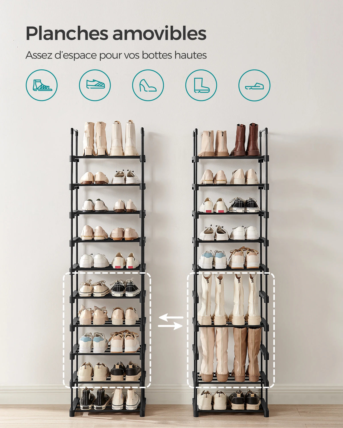SONGMICS Shoe Rack, 10-Tier Metal Shoe Storage Organiser, Customisable Design, Metal Frame, Space-Saving Rack