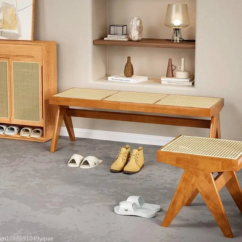 banc en rotin massif chaise longue et ottoman rétro polyvalent - vue 5 sur 14