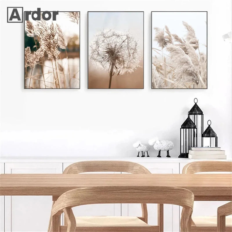 art mural nordique coucher de soleil oiseaux fleurs empreintes de main