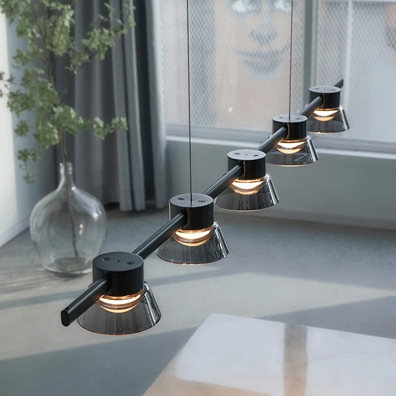 Nordic minimalist strip glass Led Dining Room Ceiling Chandelier Dining Room Bar Kitchen Island decorated hanging light fixtures - vue 5 sur 9