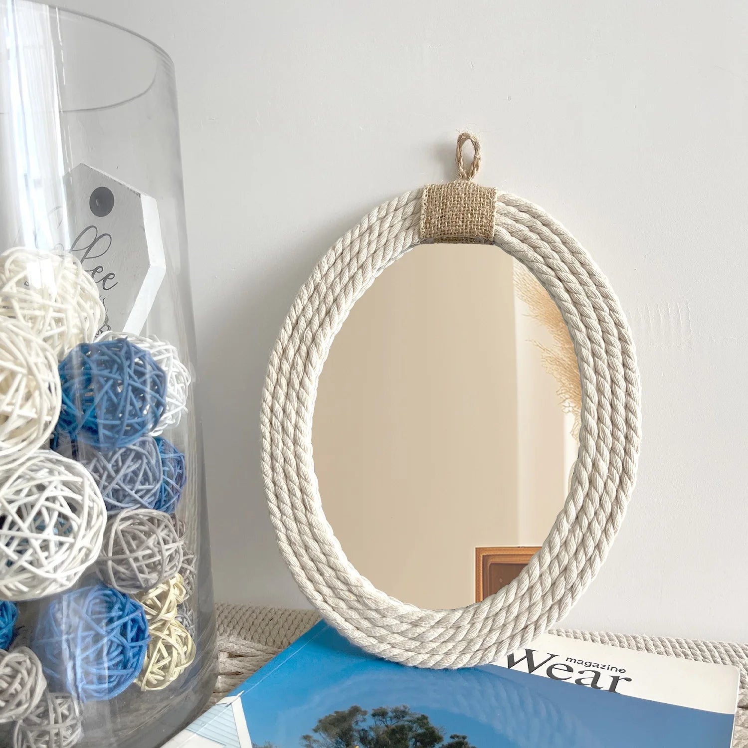 miroir ovale en corde style nautique avec frange en macramé - vue 7 sur 7
