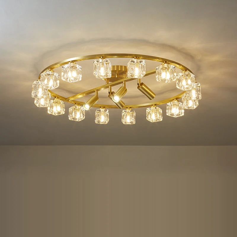 plafonnier en cuivre or noir argent cube cristal LED design moderne 2024 - vue 7 sur 10