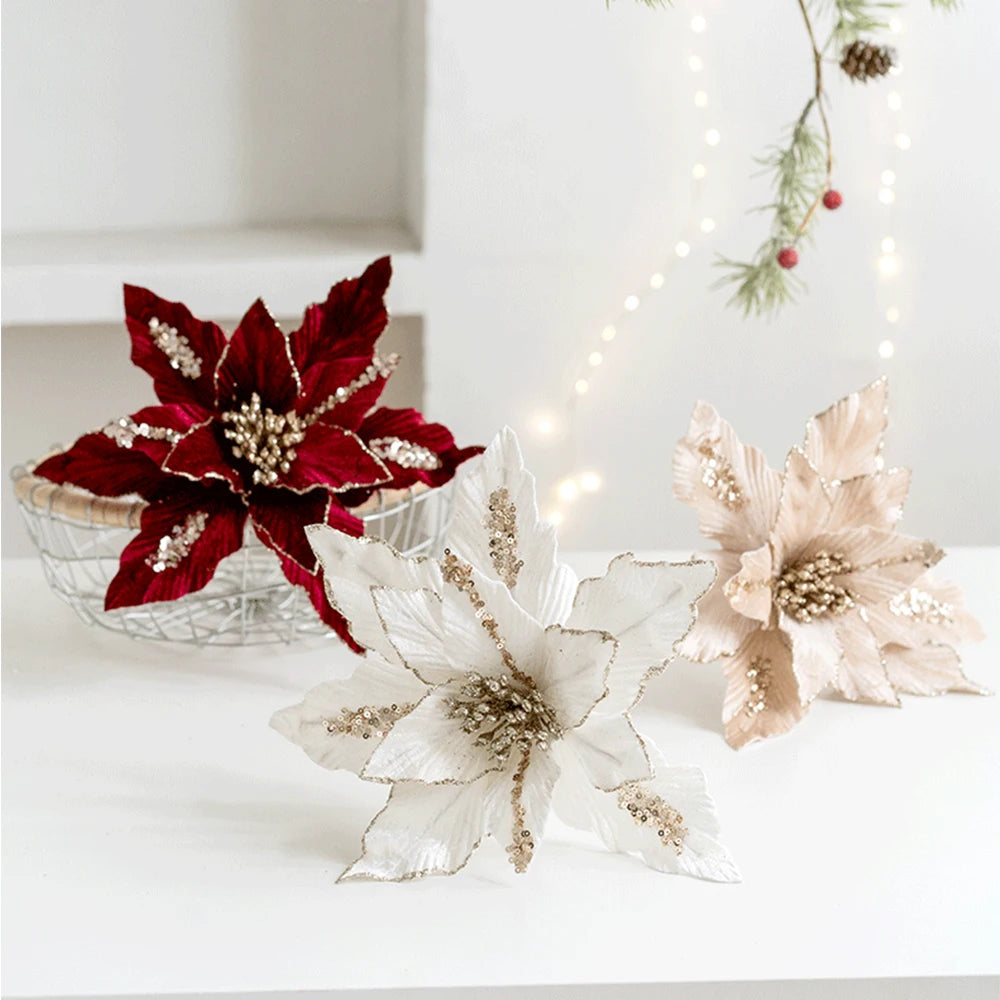 fleur de noël artificielle en velours pailleté décoration festive pour maison - vue 4 sur 12