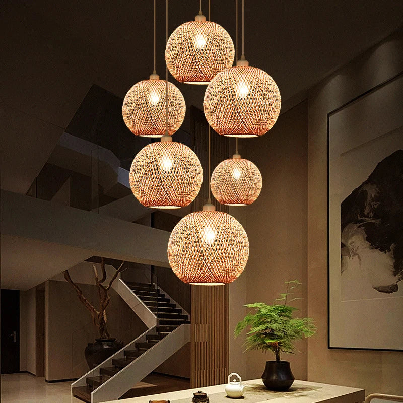 lustre moderne nordique en bambou tissé à la main led - vue 4 sur 10