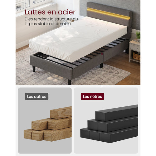 VASAGLE Metal Single Bed, 90 x 190 cm, Bed Frame, with Headboard, LED Lighting, USB and Type-C Port, Modern Style - vue 3 sur 7