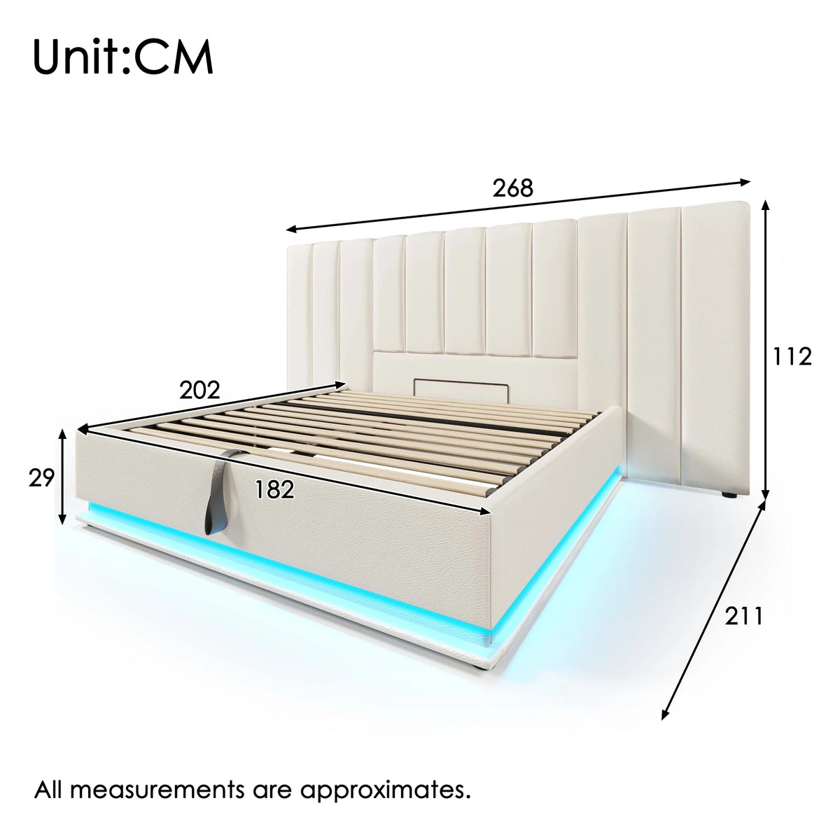 Upholstery bed 180 × 200, double bed storage bed with App Control LED and USB-C charging function, bed rack with slatted frame, PU, White, O - vue 6 sur 6