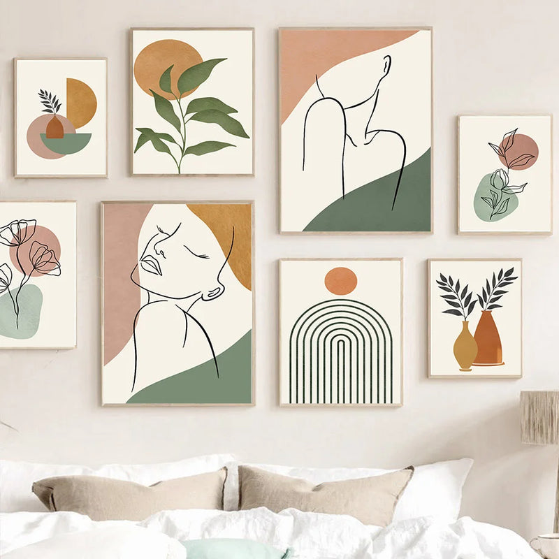 art mural abstrait cactus et fleurs géométriques pour décoration intérieure