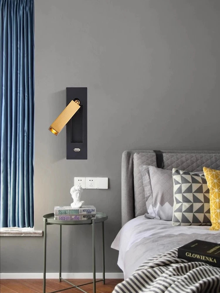 Black Brass Rectangular LED Wall Lamp Wall Sconce Wall Spotlight Reading Light with Switch and USB Port, Rotatable For Bedroom - vue 4 sur 22