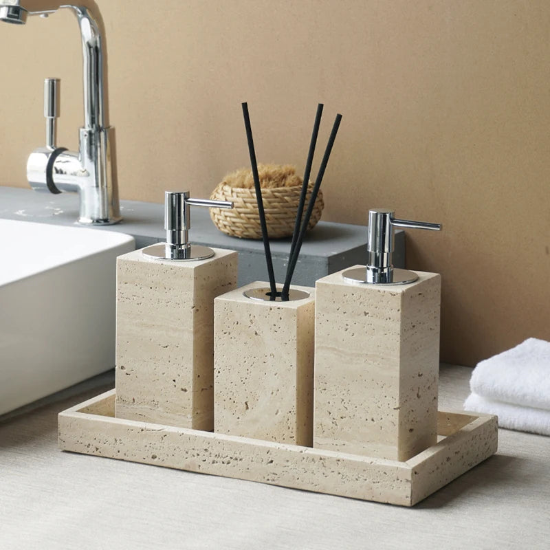 ensemble accessoires salle de bain en travertin beige naturel - vue 5 sur 28