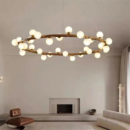 lustre nordique en bois avec anneau de personnalité et verre laiteux