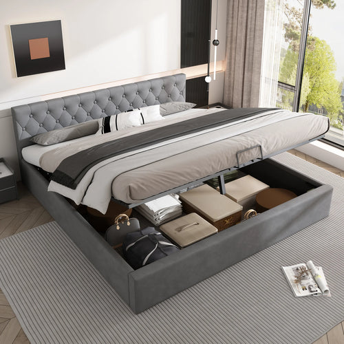 Upholstered Bed, Double Bed, Velvet Fabric, with Bed Box, Slatted Frame and Storage Space, Grey, 180 x 200 cm - vue 4 sur 7