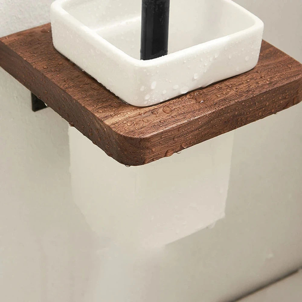 Wall-Mounted Toilet Brush Holder Set, Ceramic Base, Solid Wood, Luxury Bathroom Accessories, No Dead Corner - vue 4 sur 6