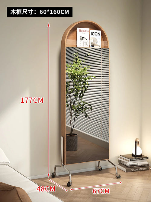 Adjustable solid wood full body mirror, magazine bookshelf mirror, floor standing retro with wheel fitting mirror - vue 16 sur 18