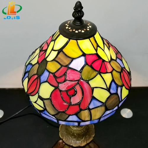 Nachttischlampe im Tiffany-Stil mit roten emaillierten Blumen, antik - vue 3 sur 6