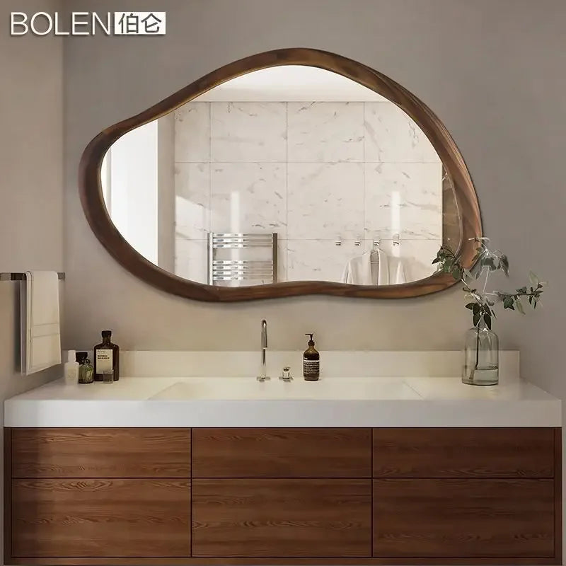 American solid wood bathroom mirror with irregular and retro decoration, Nordic household dressing mirror - vue 4 sur 6