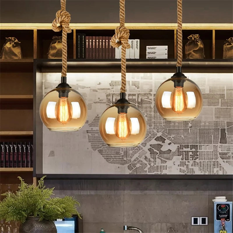 corde de chanvre avec boule de verre lumière led tissage à la main - vue 3 sur 11