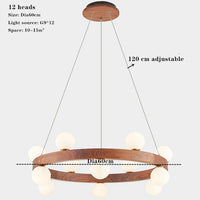 lustre en bois massif avec boule de verre blanc et éclairage intérieur