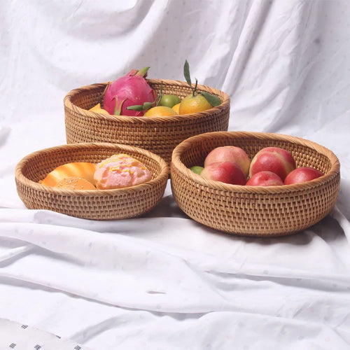 HEMU-Round Rattan Woven Basket, Wicker Fruit Basket, Bread Food, Kitchen Home Decor Organizer - vue 6 sur 12