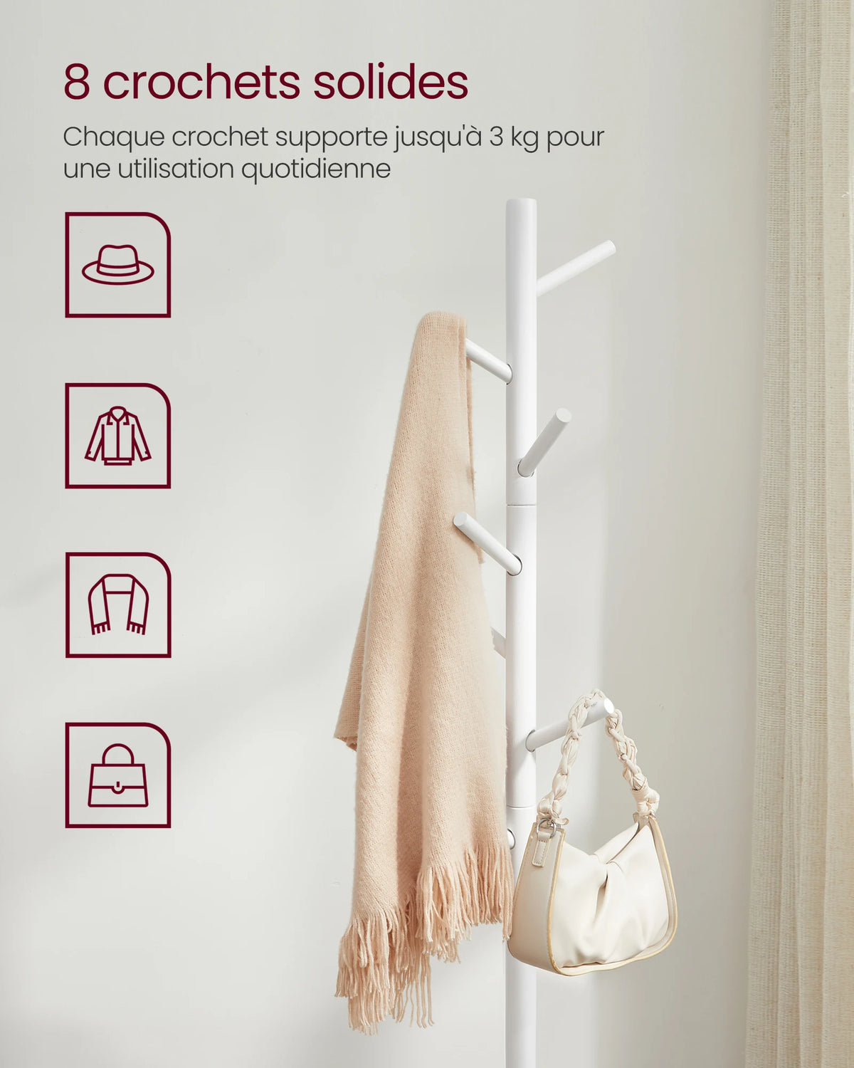 VASAGLE Standing Coat Rack, Solid Wood Coat Rack, Tree-Shaped Coat Rack with 8 Hooks, 3 Height Options, for Clothes, Hats, Bags