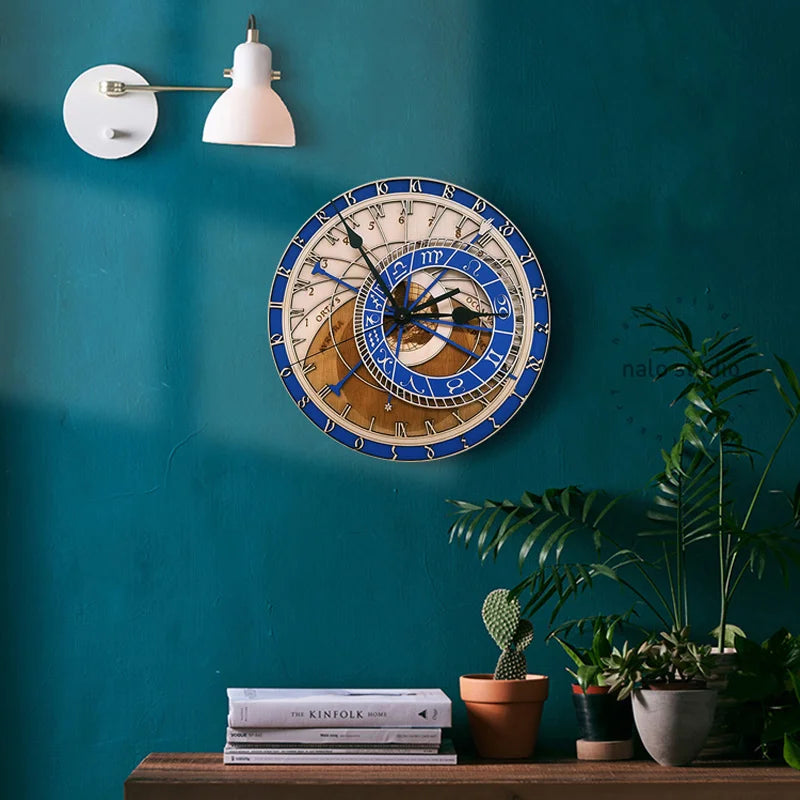 horloge en bois avec signes du zodiaque et constellations art déco - vue 4 sur 7