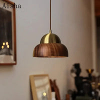 Wabi-sabi Pendelleuchte aus Nussbaumholz mit Messing für Schlafzimmer, Vintage japanischer Stil