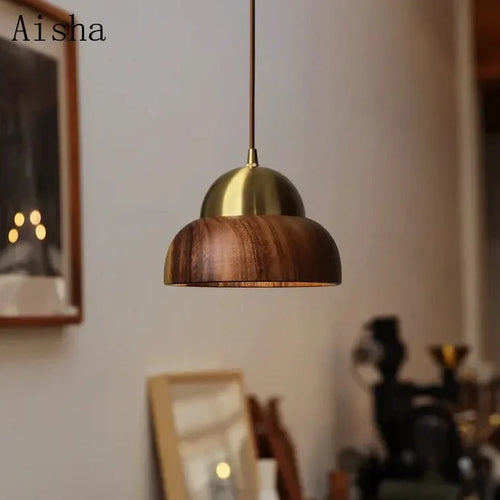 Wabi-sabi Pendelleuchte aus Nussbaumholz mit Messing für Schlafzimmer, Vintage japanischer Stil