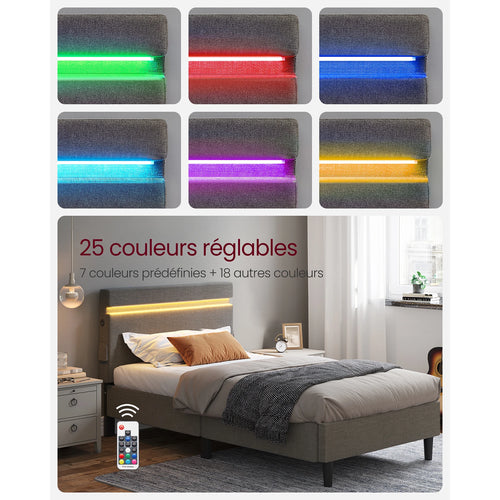 VASAGLE Metal Single Bed, 90 x 190 cm, Bed Frame, with Headboard, LED Lighting, USB and Type-C Port, Modern Style - vue 7 sur 7