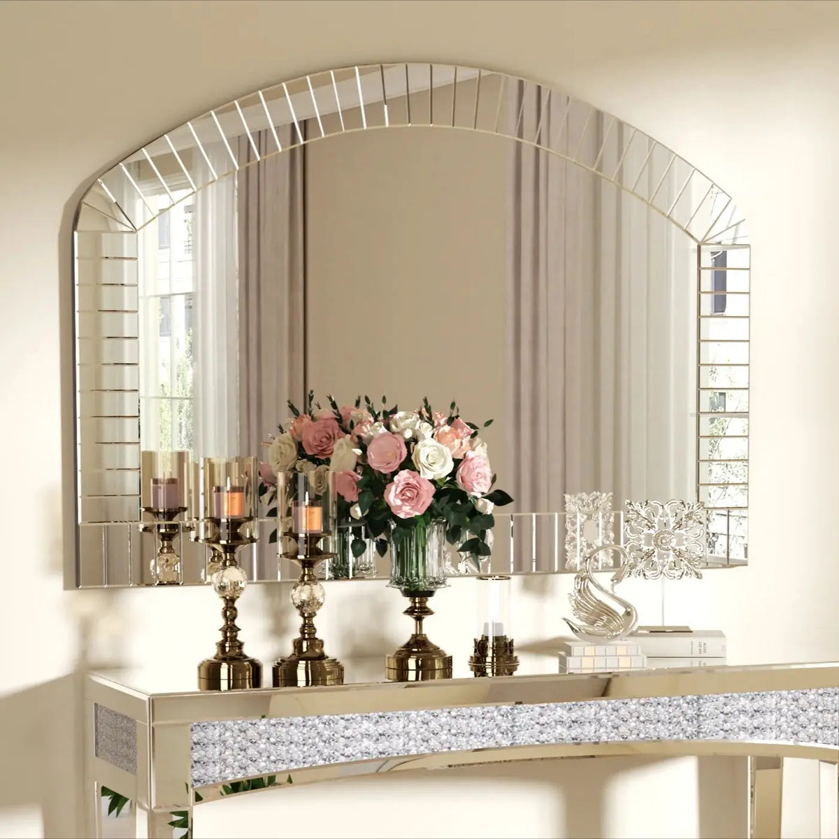 Large Silver Arched Wall Mirror, Silver Glass, Decorative Venetian Accent Mirror, Home Living Room Decor, Bling Beveled Edge