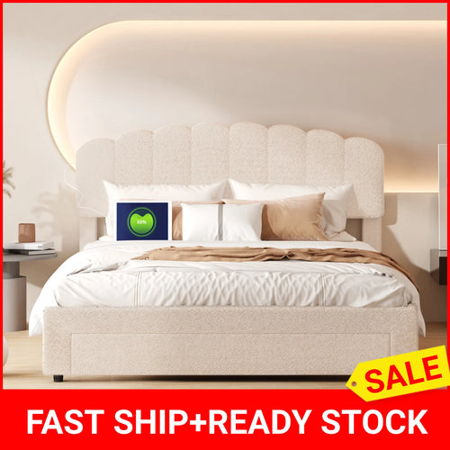 Bubble Bed, Double Bed, Teddy Velvet Fabric, with USB & LED, Drawer Bed,  with Storage Space, Beige, 140x200 cm - vue 2 sur 6