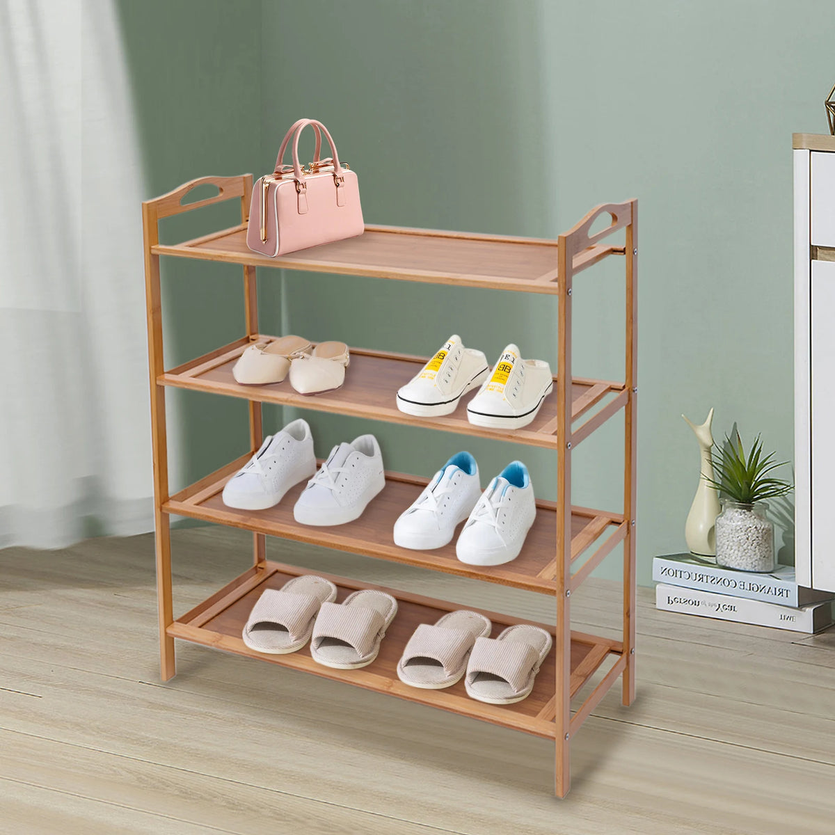 étagère à chaussures en bambou à quatre niveaux pour rangement polyvalent - vue 7 sur 7