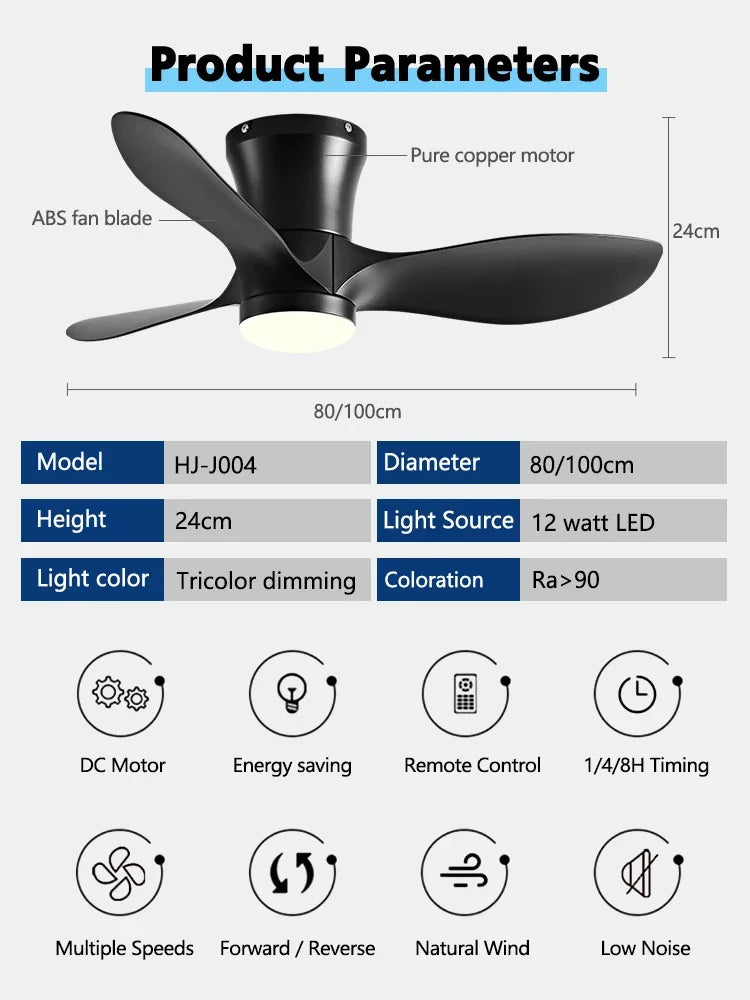 24CM Low Floor Loft Remote Control Lux&vitae Fan With Lights Modern Led Ceiling Fan Without Lights DC Motor 6 Speeds Timing Fans - vue 5 sur 11