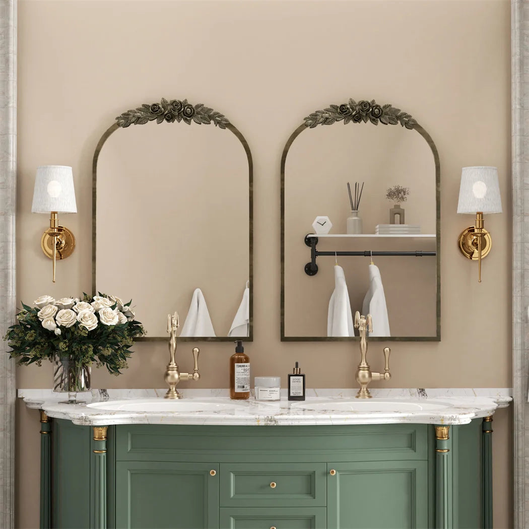 LUVODI Arched Antique Brass Wall Mirror Metal Frame Adorned with Resin Rose Pattern for Entryway,Fireplace,Living Room - vue 6 sur 7