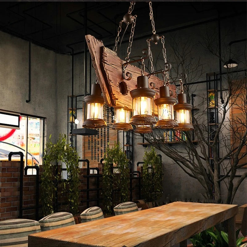 Lustre rétro en bois massif pour salle à manger Bar LOFT bois diverses formes Suspension décor intérieur Luminaire - vue 7 sur 24