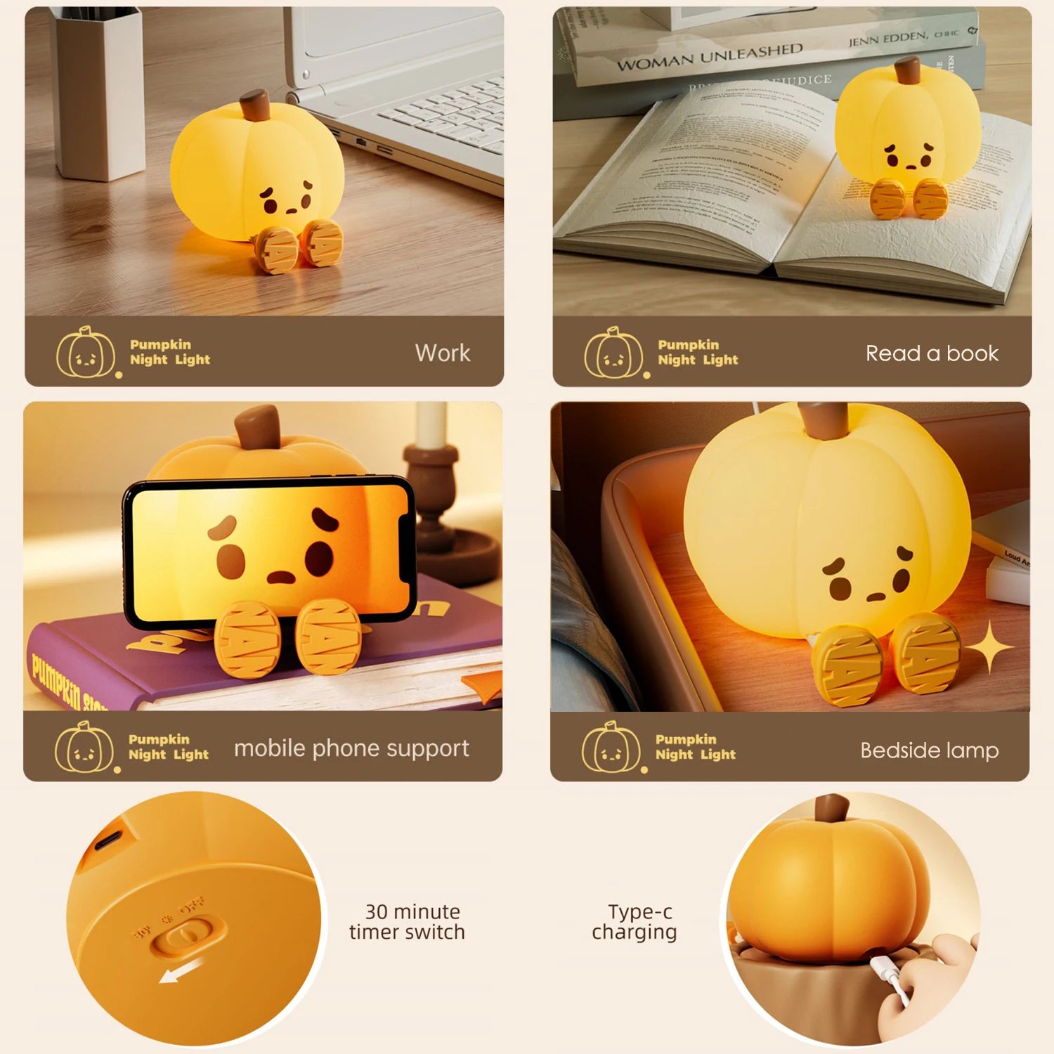 Lampe LED en forme de citrouille mignonne en Silicone - vue 5 sur 8