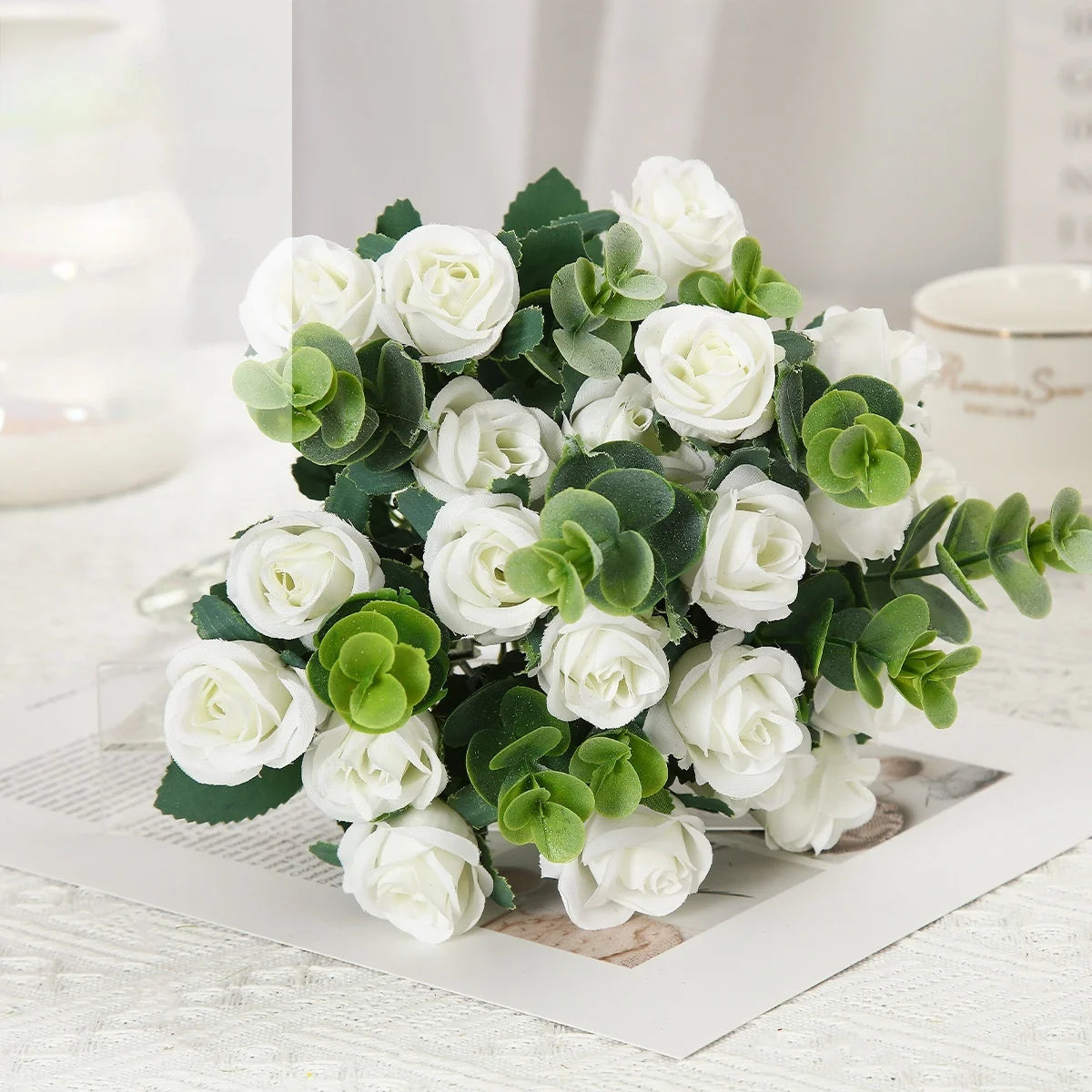 lot de 10 roses artificielles bouquet avec eucalyptus et pivoines décoratif - vue 8 sur 10