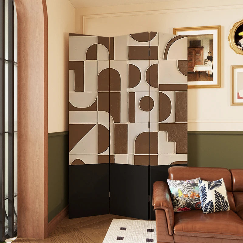 Folding and moving screen partitions into modern and minimalist living rooms, covering bedrooms
